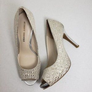 Audrey Brooke Peep Toe Silver Sparkle Heels Sz 9.5
